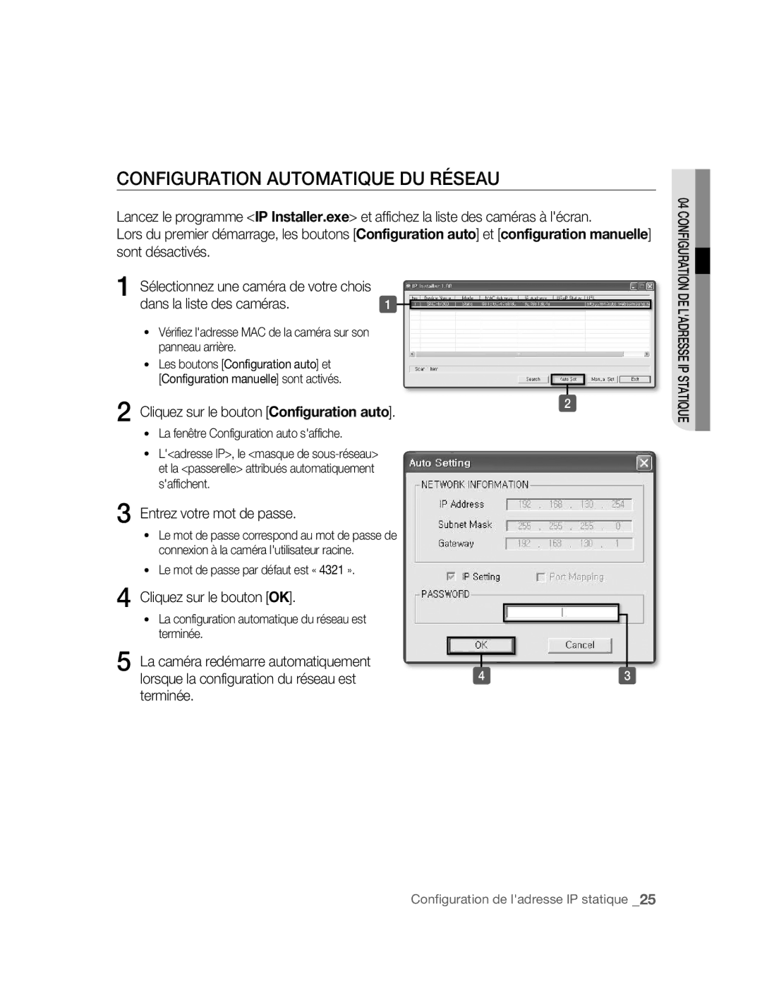 Samsung SNC-M300P manual Configuration Automatique DU Réseau, Cliquez sur le bouton OK, Terminée 