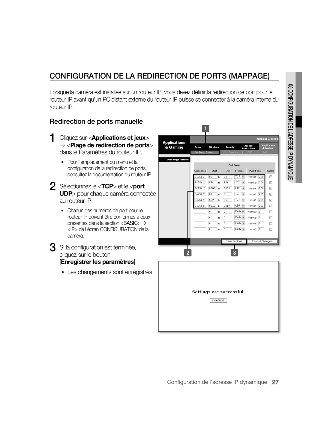 Samsung SNC-M300P manual Configuration DE LA Redirection DE Ports Mappage, Redirection de ports manuelle 