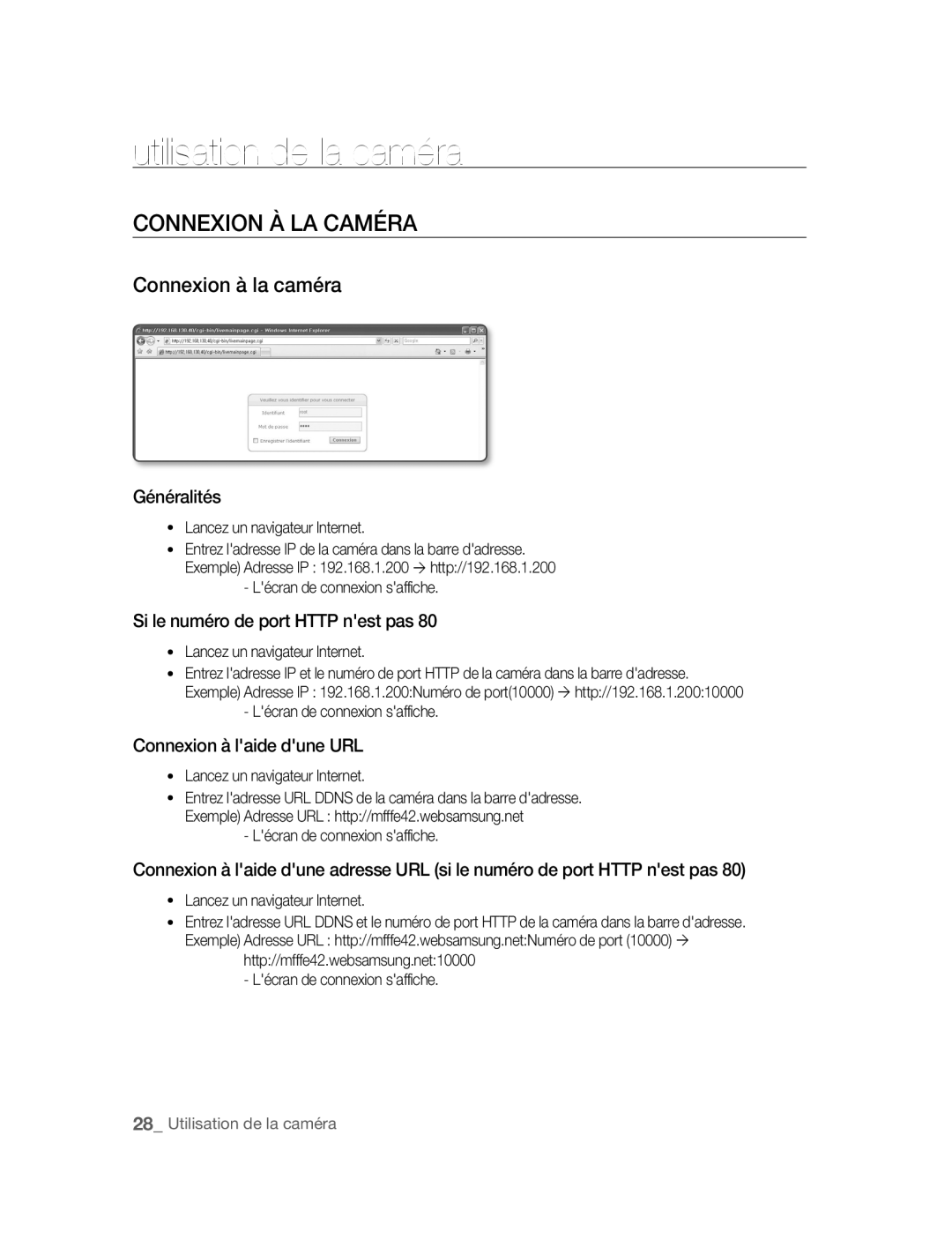 Samsung SNC-M300P manual Utilisation de la caméra, Connexion À LA Caméra, Connexion à la caméra 