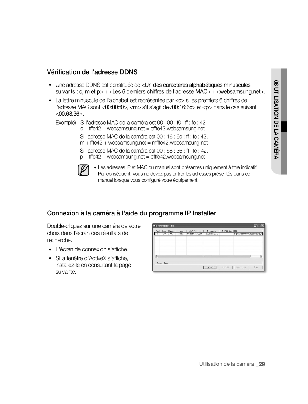 Samsung SNC-M300P manual Vérification de ladresse Ddns, Connexion à la caméra à laide du programme IP Installer 