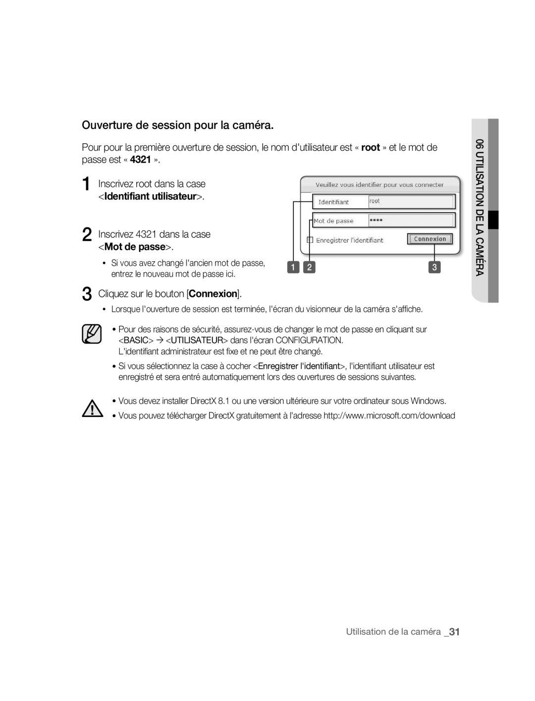 Samsung SNC-M300P manual Ouverture de session pour la caméra, Inscrivez 4321 dans la case Mot de passe 