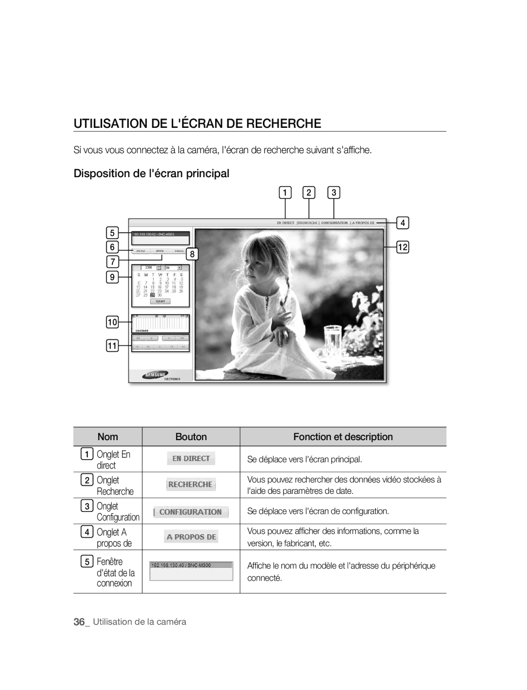 Samsung SNC-M300P Utilisation DE Lécran DE Recherche, Nom Bouton Fonction et description Onglet En, Direct Onglet, Fenêtre 