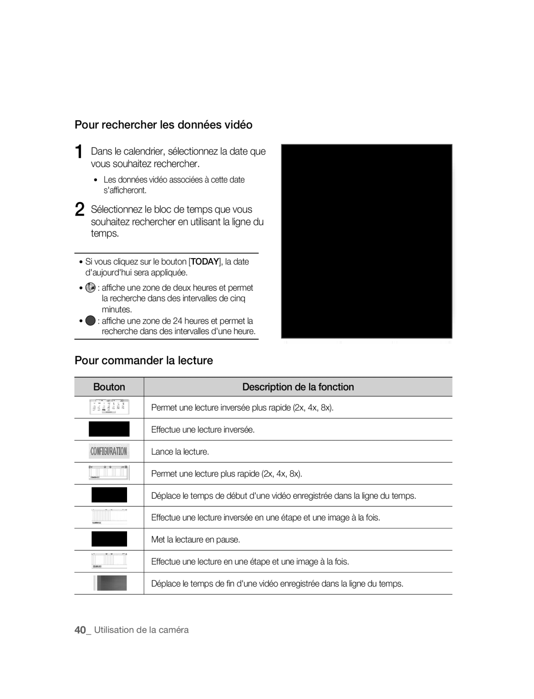 Samsung SNC-M300P manual Pour rechercher les données vidéo, Pour commander la lecture, Description de la fonction 