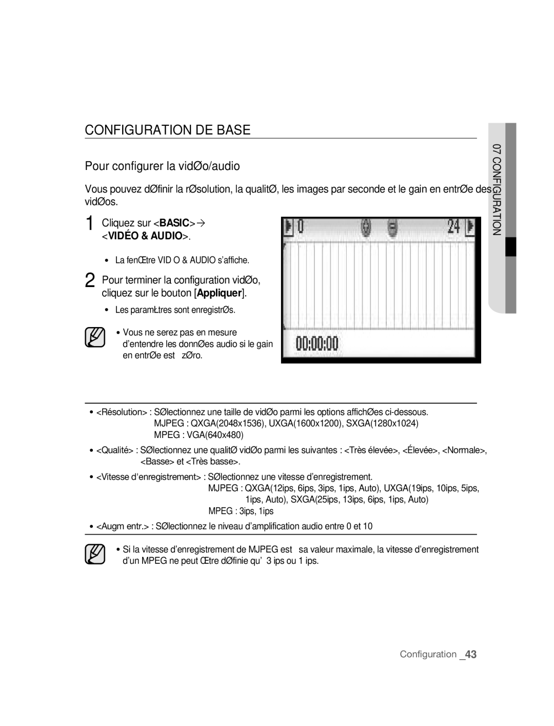 Samsung SNC-M300P manual Configuration DE Base, Pour configurer la vidéo/audio 