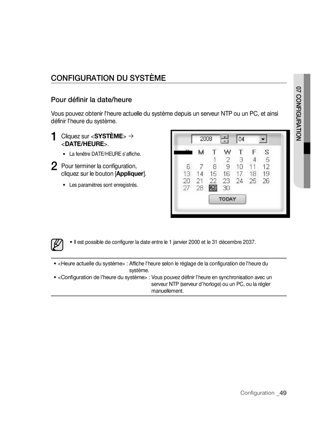 Samsung SNC-M300P manual Configuration DU Système, Pour définir la date/heure 