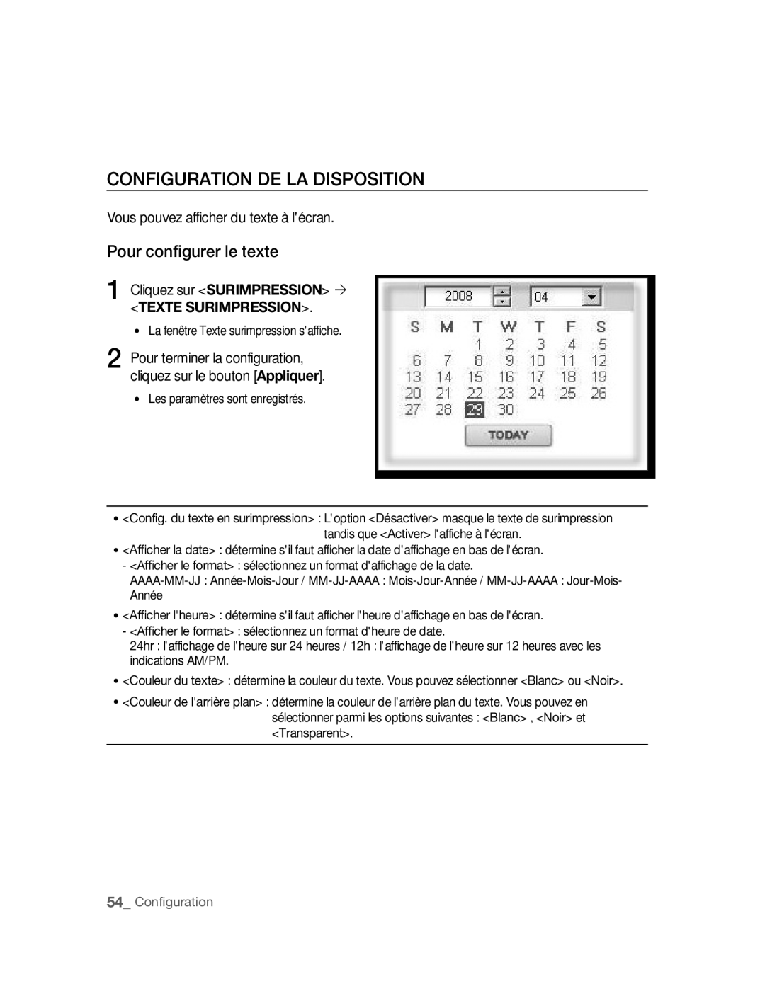 Samsung SNC-M300P manual Configuration DE LA Disposition, Pour configurer le texte, Vous pouvez afficher du texte à lécran 