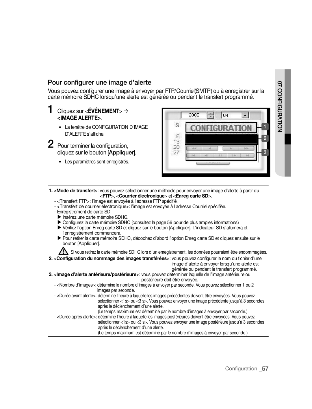 Samsung SNC-M300P Pour conﬁgurer une image d’alerte, Cliquez sur Événement ´, FTP, Courrier électronique et Enreg carte SD 