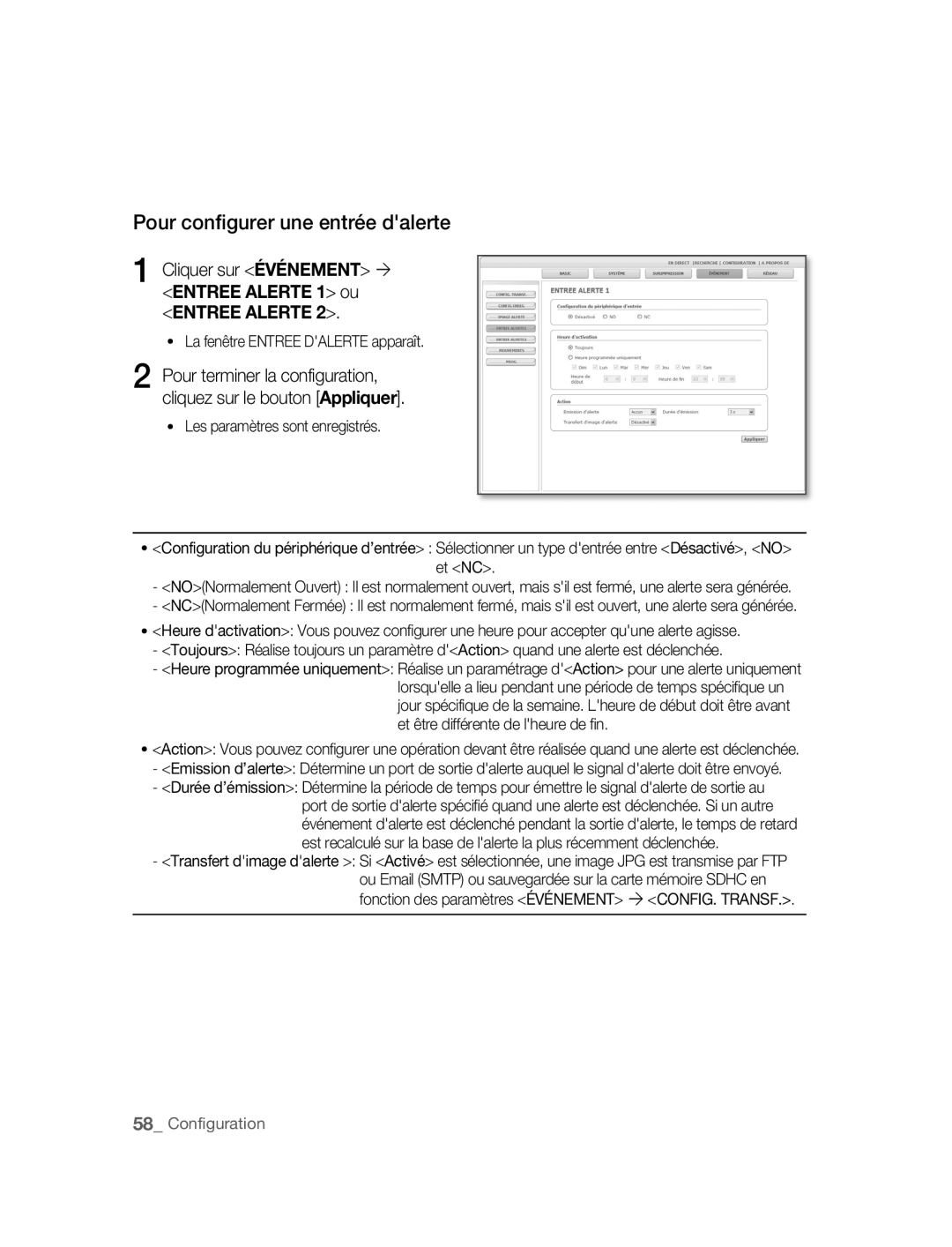 Samsung SNC-M300P manual Pour configurer une entrée dalerte, Cliquer sur Événement ´ Entree Alerte 1 ou Entree Alerte 