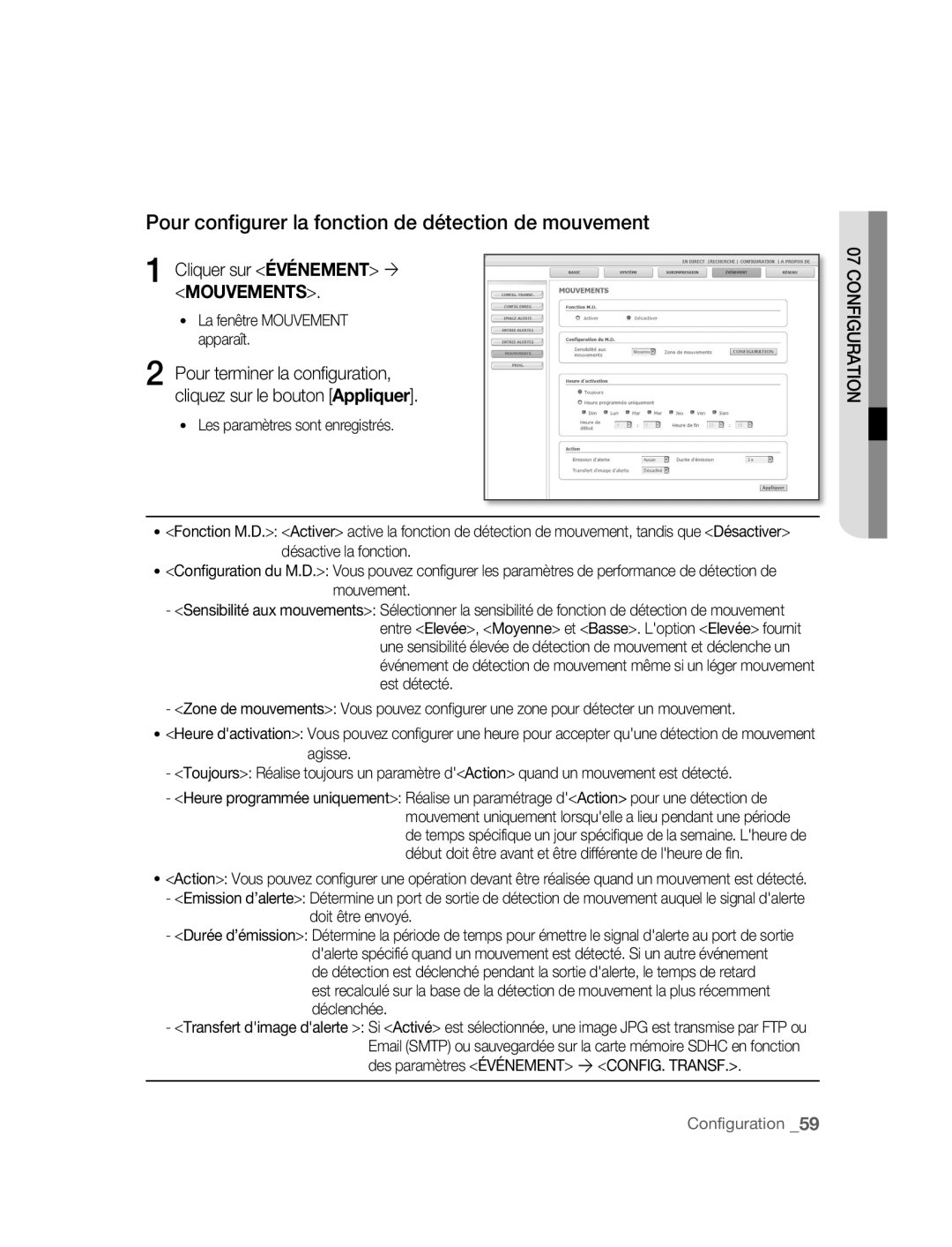 Samsung SNC-M300P manual Pour configurer la fonction de détection de mouvement, Cliquer sur Événement ´ Mouvements 