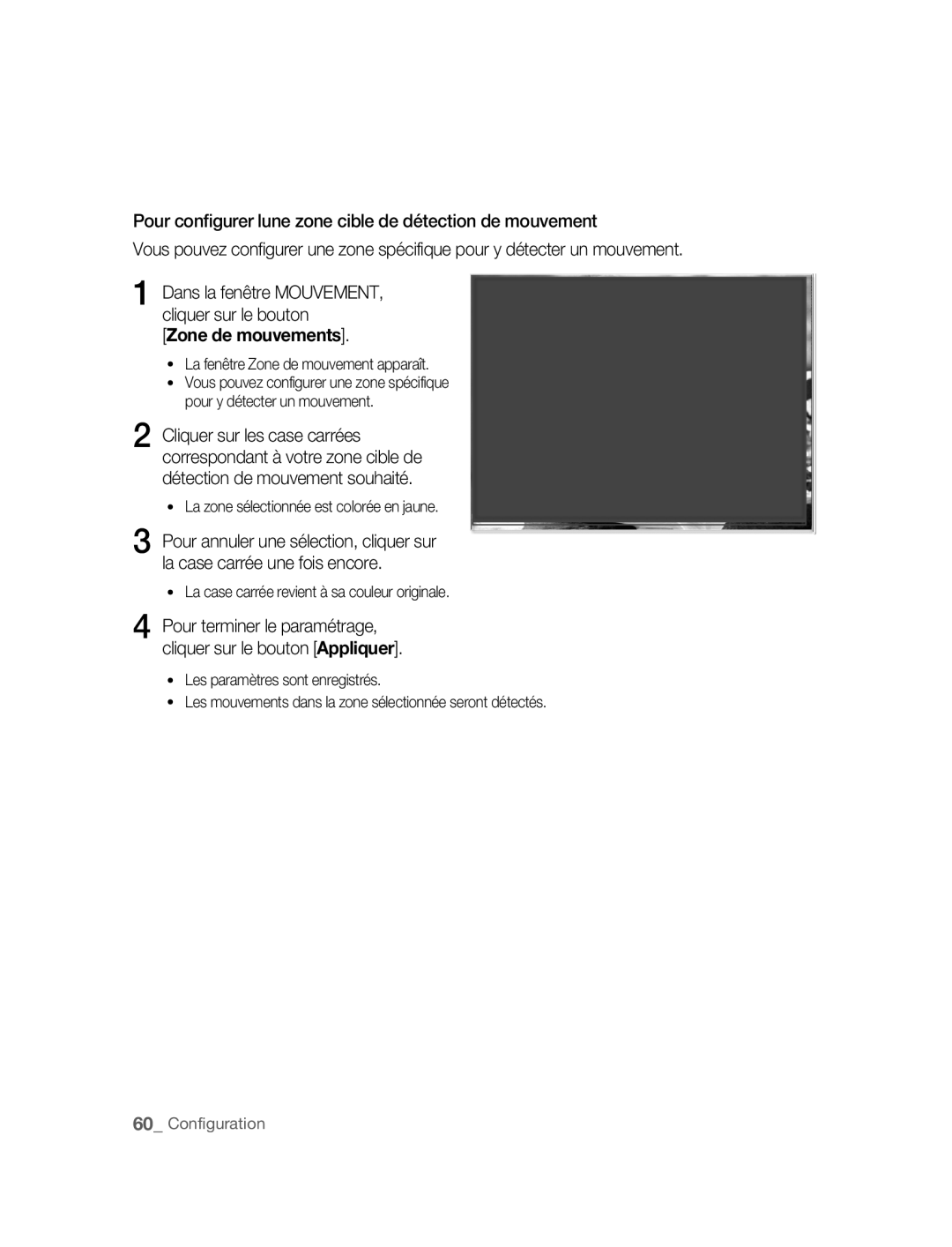 Samsung SNC-M300P manual Zone de mouvements, Dans la fenêtre MOUVEMENT, cliquer sur le bouton 