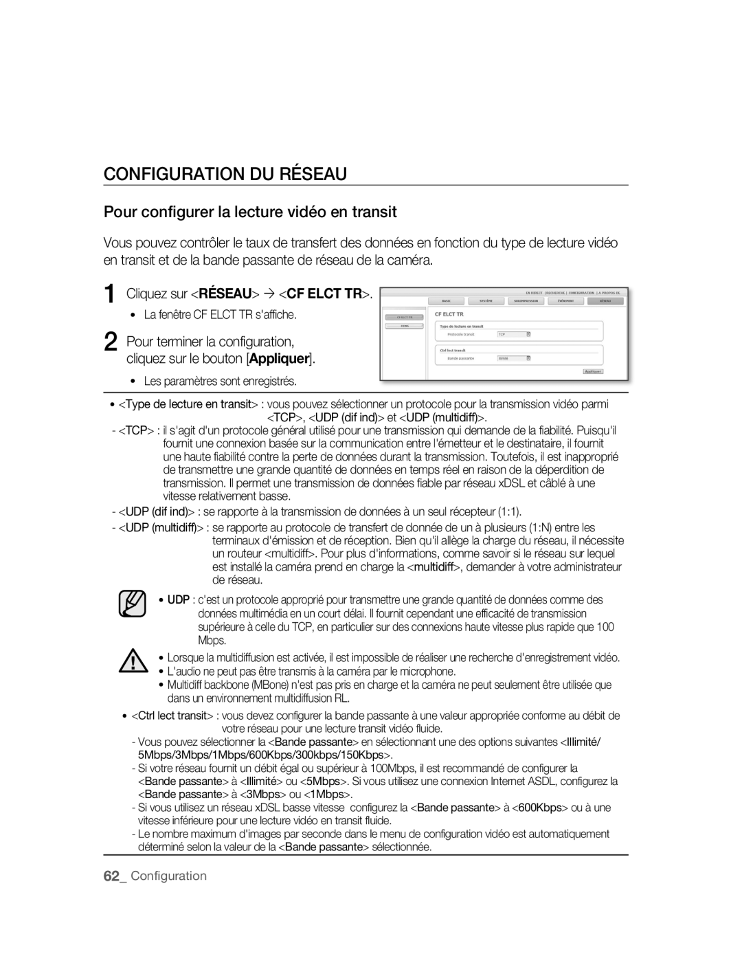 Samsung SNC-M300P manual Configuration DU Réseau, Pour configurer la lecture vidéo en transit 