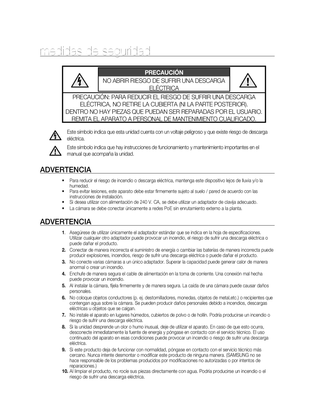 Samsung SNC-M300P manual Medidas de seguridad, Advertencia 