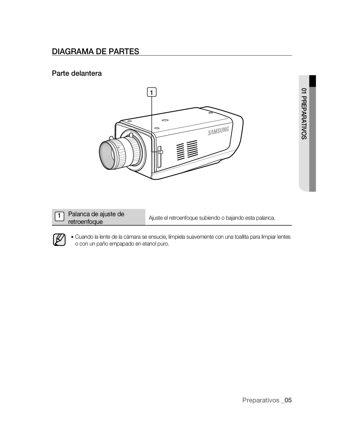 Samsung SNC-M300P manual Diagrama DE Partes, Parte delantera, Palanca de ajuste de, Retroenfoque 