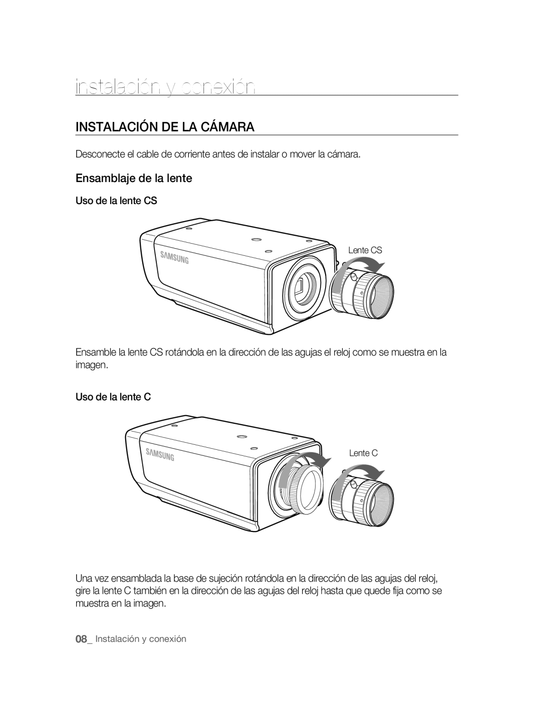 Samsung SNC-M300P Instalación y conexión, Instalación DE LA Cámara, Ensamblaje de la lente, Uso de la lente CS, Lente C 