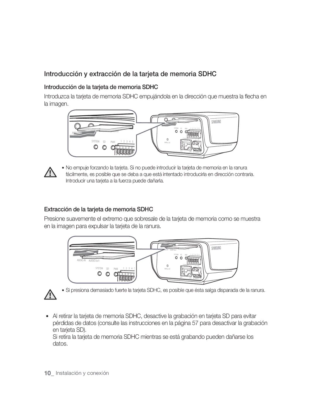 Samsung SNC-M300P manual Introducción y extracción de la tarjeta de memoria Sdhc 