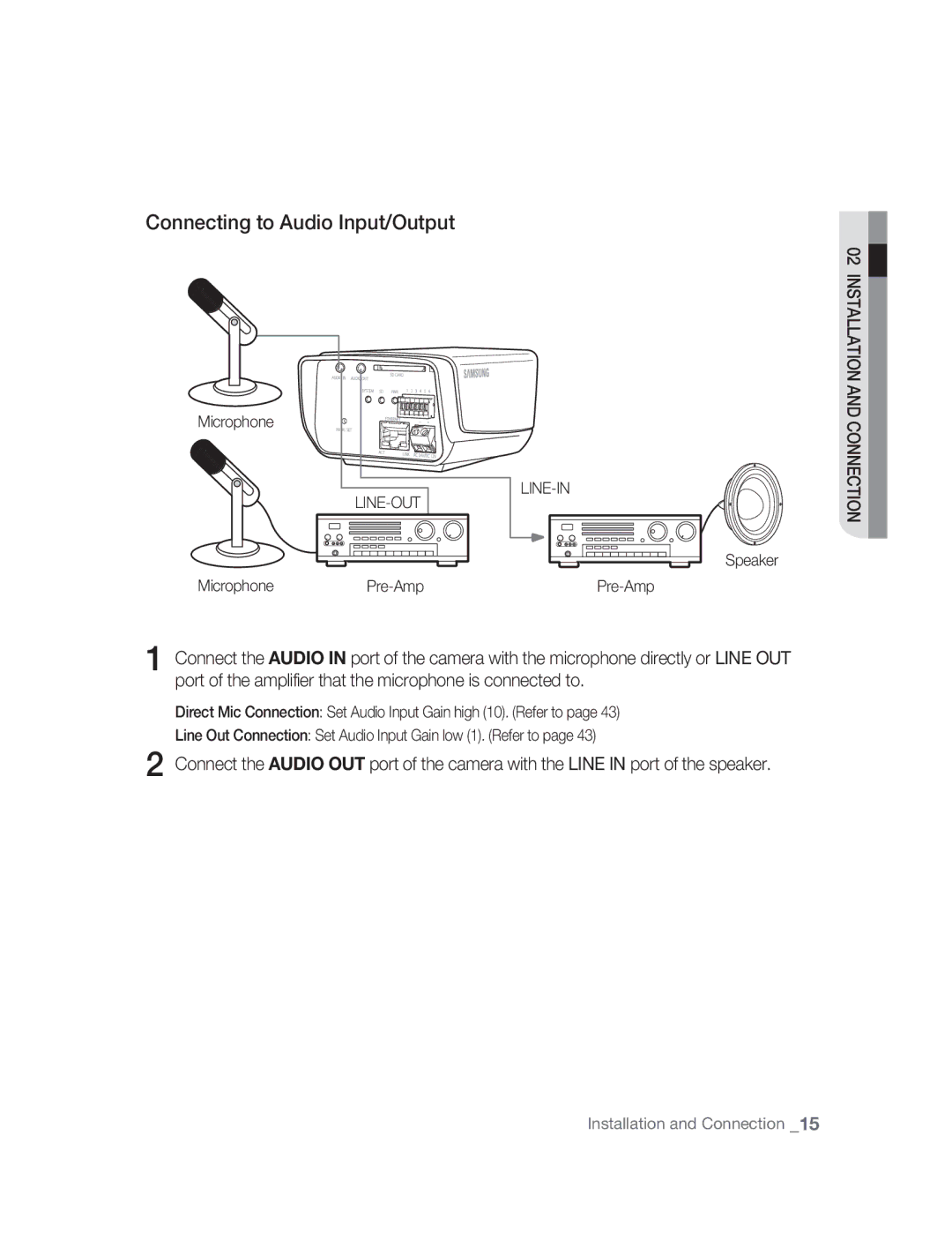 Samsung SNC-M300P manual Connecting to Audio Input/Output, MicrophonePre-Amp, Speaker Pre-Amp 