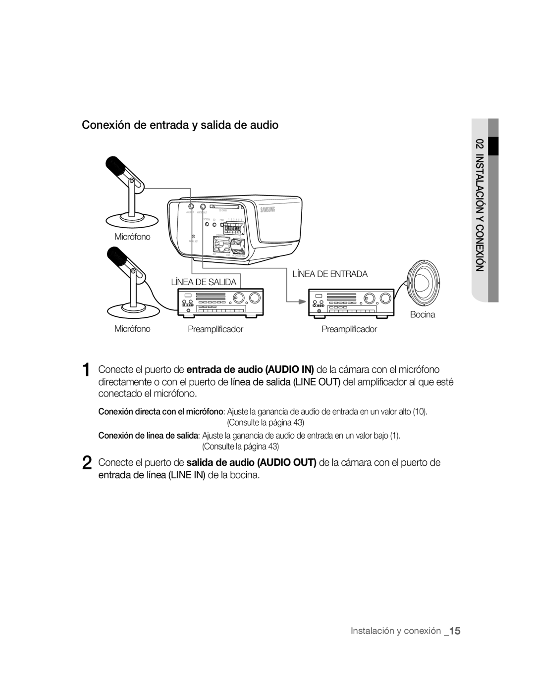 Samsung SNC-M300P manual Conexión de entrada y salida de audio, Micrófono Preamplificador, Bocina Preamplificador 