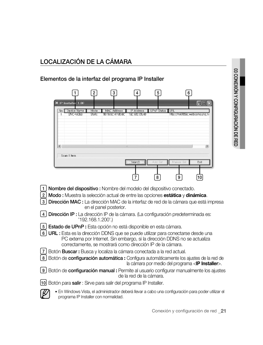 Samsung SNC-M300P manual Localización DE LA Cámara, Elementos de la interfaz del programa IP Installer 