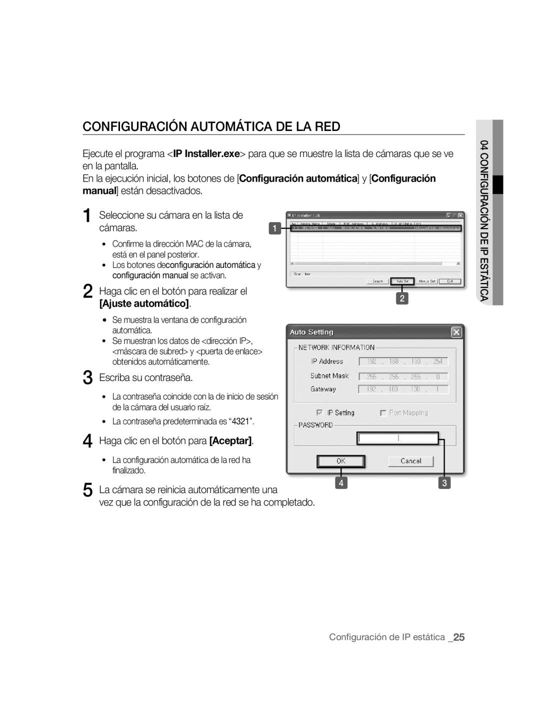 Samsung SNC-M300P manual Configuración Automática DE LA RED, Ajuste automático, Haga clic en el botón para Aceptar 