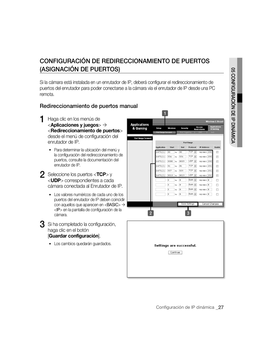 Samsung SNC-M300P Redireccionamiento de puertos manual, Guardar configuración, Los cambios quedarán guardados 