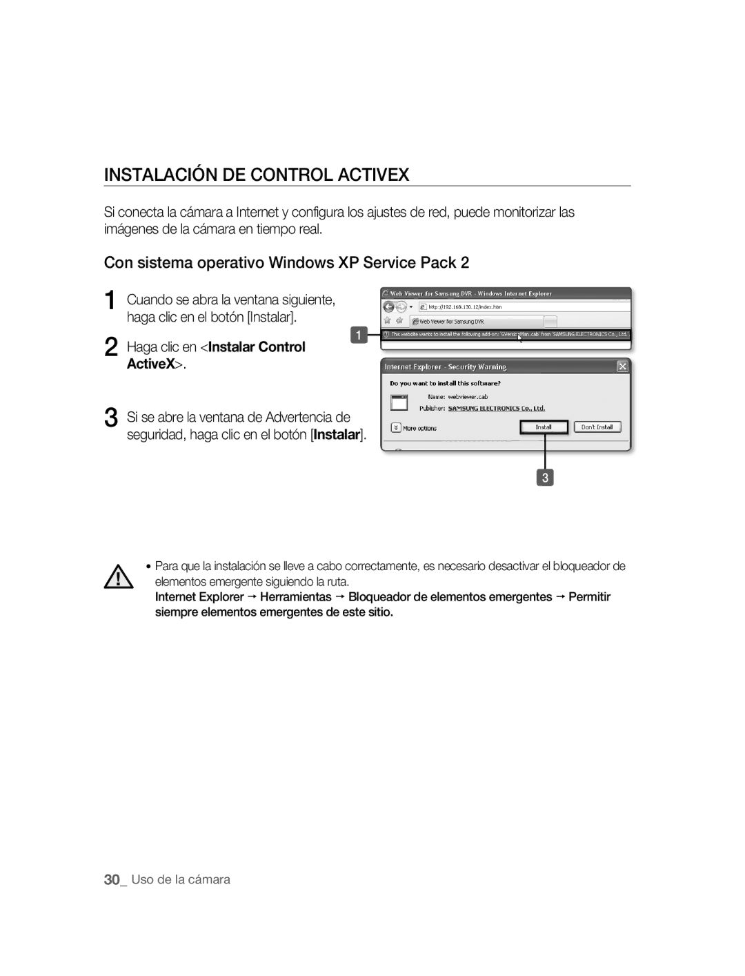 Samsung SNC-M300P manual Instalación DE Control Activex, Con sistema operativo Windows XP Service Pack 