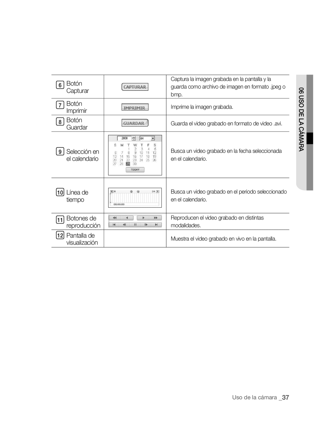 Samsung SNC-M300P manual Botón Capturar Botón Imprimir, 10 Línea de tiempo, Selección en el calendario 