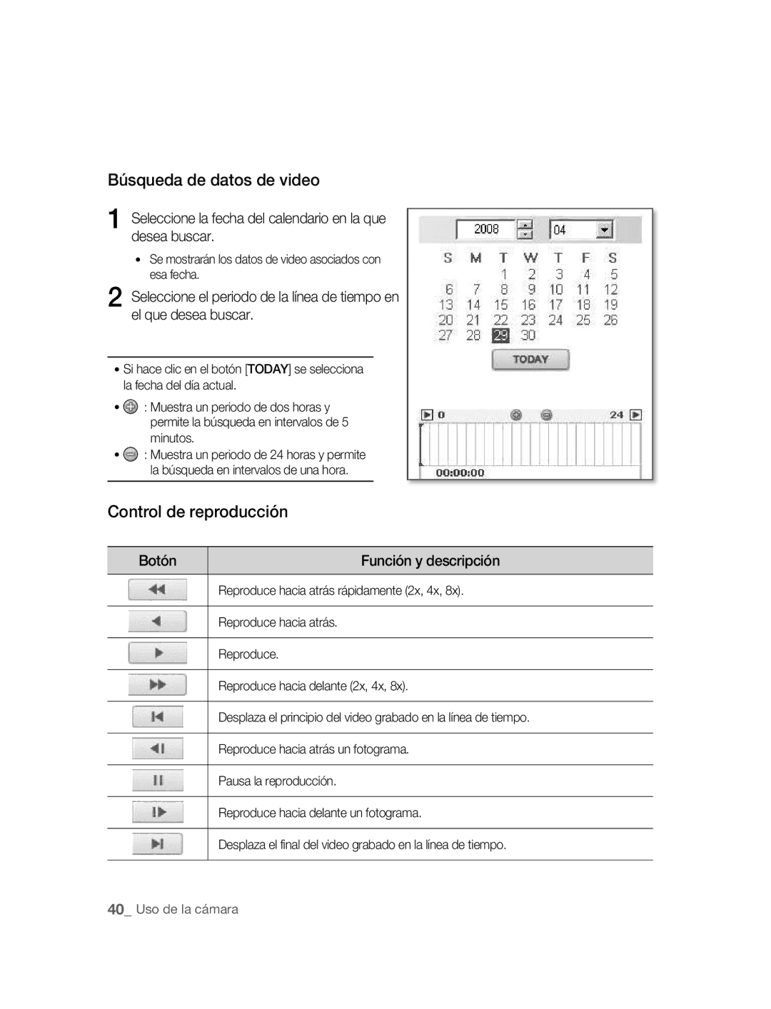 Samsung SNC-M300P manual Búsqueda de datos de video, Control de reproducción, Botón Función y descripción 