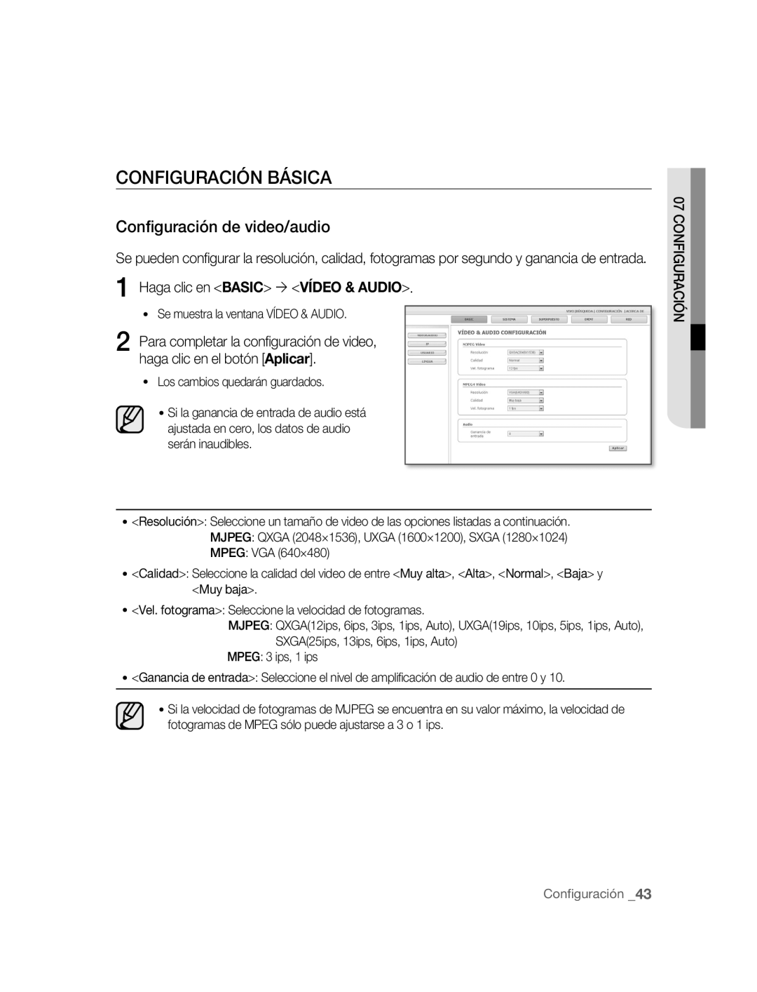 Samsung SNC-M300P manual Configuración Básica, Configuración de video/audio, Haga clic en Basic ´ Vídeo & Audio 