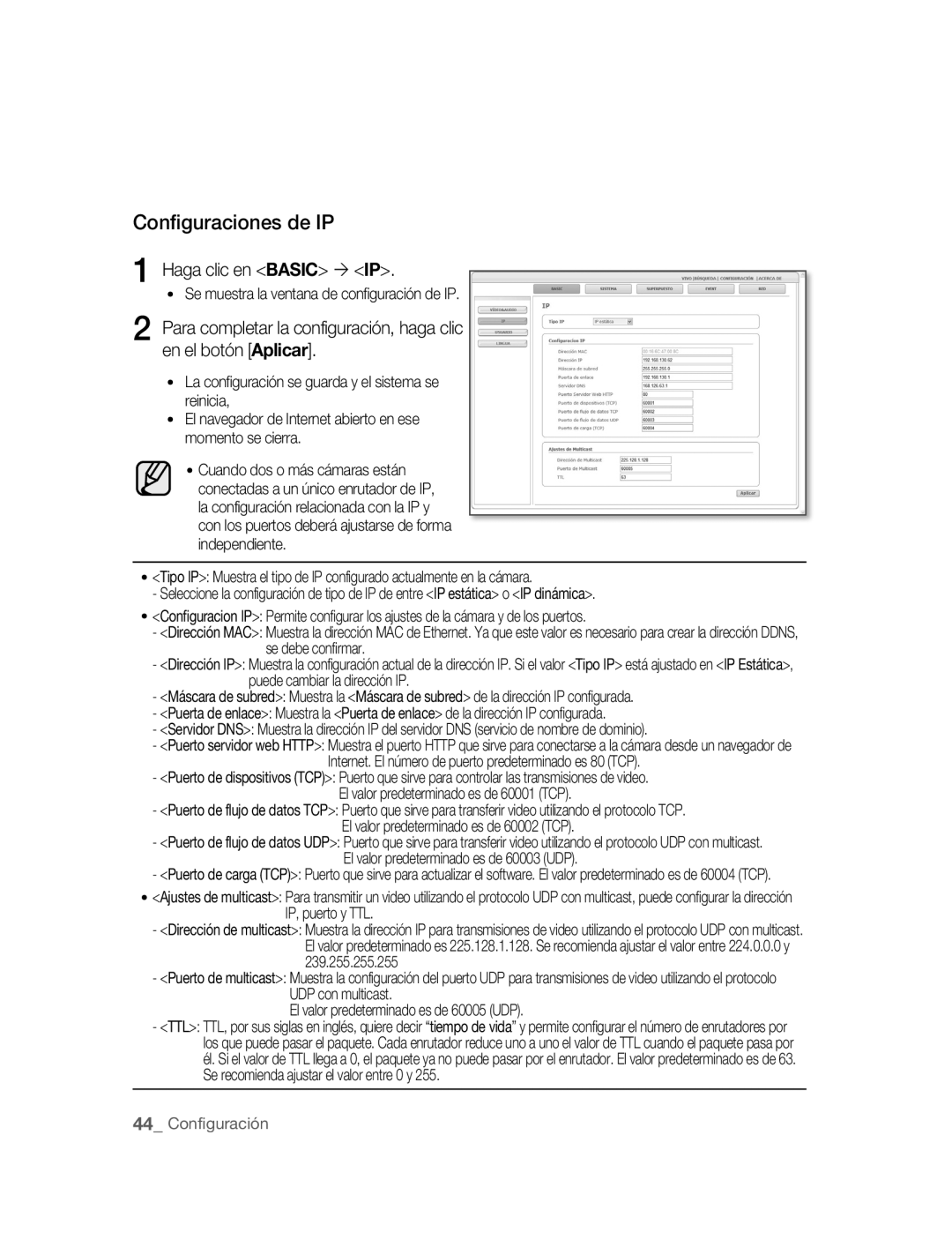 Samsung SNC-M300P manual Configuraciones de IP, Haga clic en Basic ´ IP, Se muestra la ventana de configuración de IP 