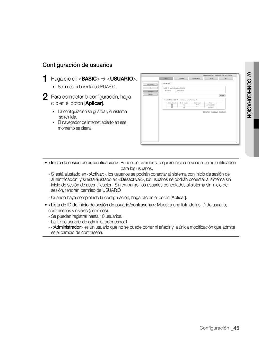 Samsung SNC-M300P manual Configuración de usuarios, Haga clic en Basic ´ Usuario, Se muestra la ventana Usuario 