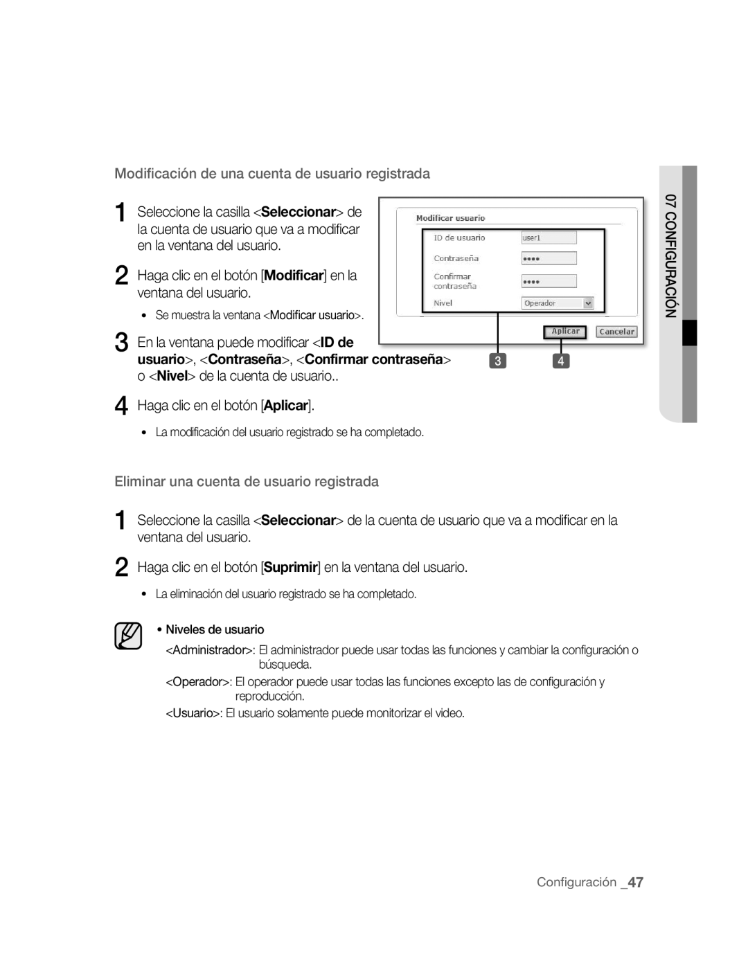 Samsung SNC-M300P manual Haga clic en el botón Modificar en la ventana del usuario, En la ventana puede modificar ID de 