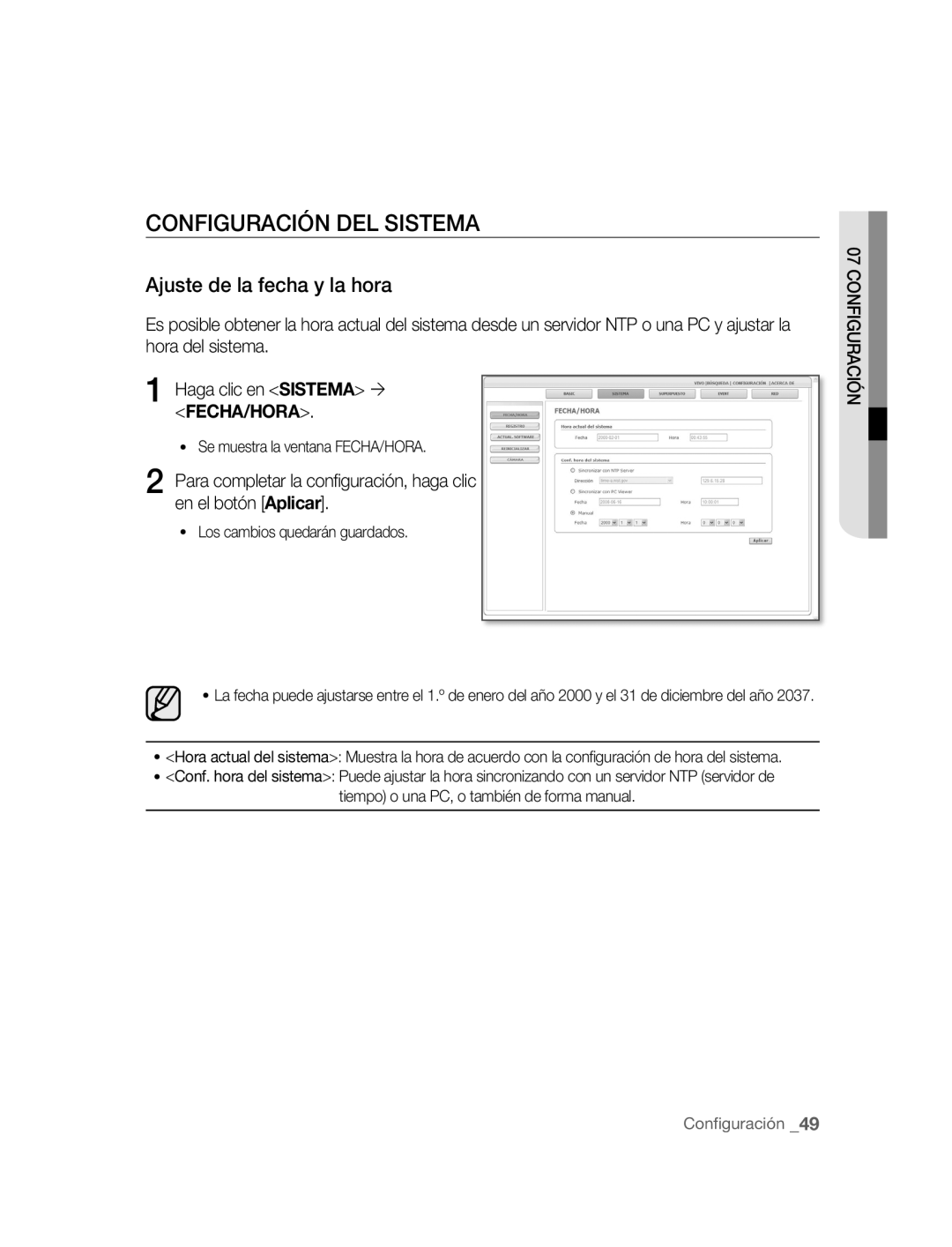 Samsung SNC-M300P manual Configuración DEL Sistema, Ajuste de la fecha y la hora, Se muestra la ventana FECHA/HORA 