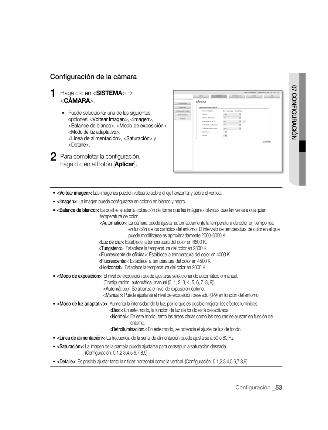 Samsung SNC-M300P manual Configuración de la cámara, Haga clic en Sistema ´ Cámara 