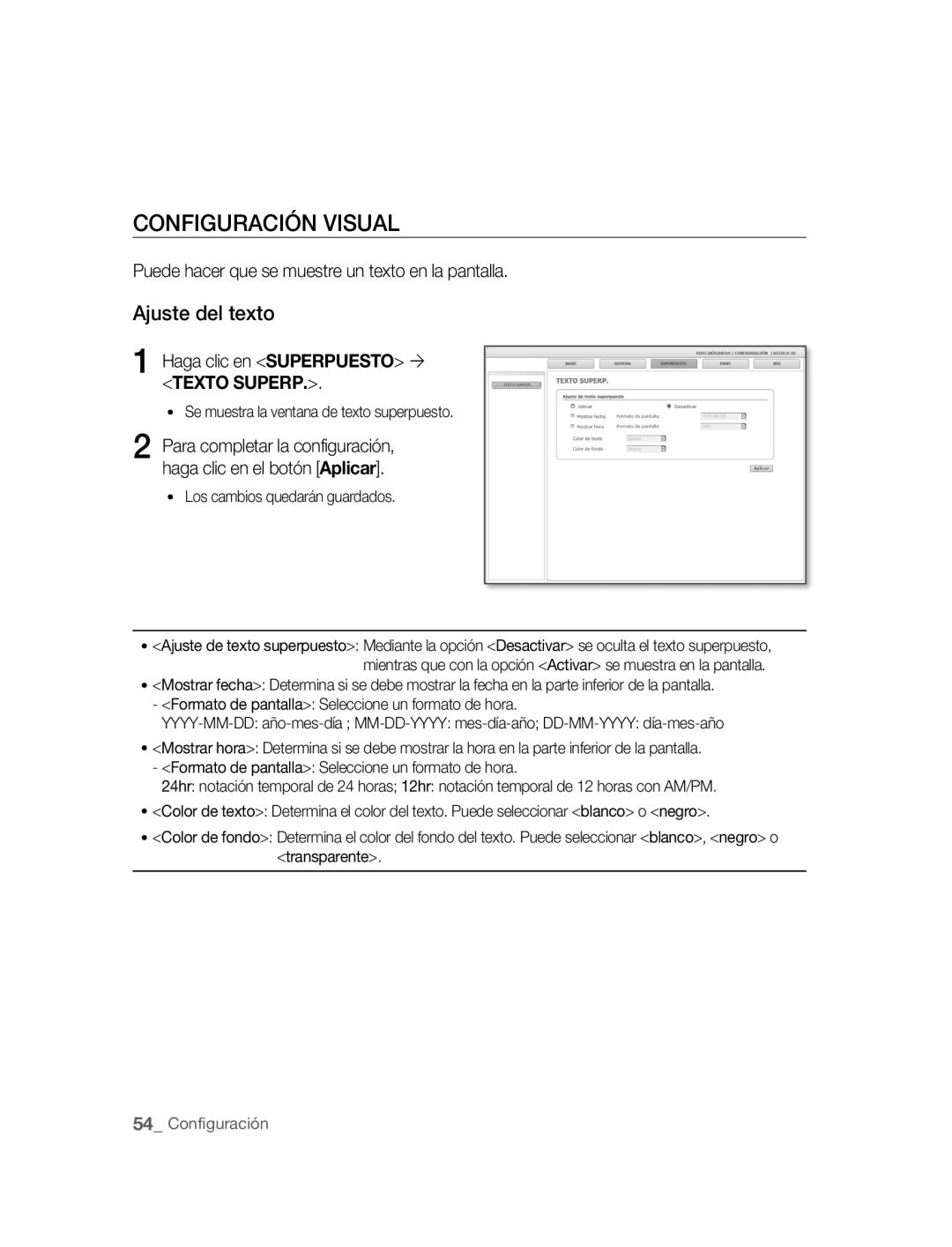 Samsung SNC-M300P manual Configuración Visual, Ajuste del texto, Puede hacer que se muestre un texto en la pantalla 