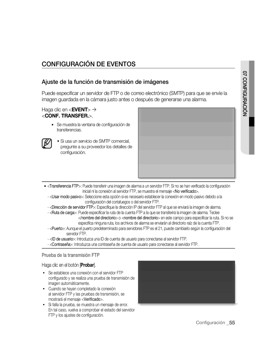 Samsung SNC-M300P Configuración DE Eventos, Ajuste de la función de transmisión de imágenes, Haga clic en el botón Probar 