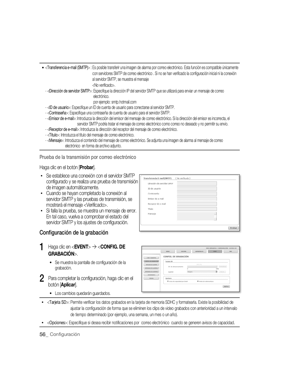 Samsung SNC-M300P manual Configuración de la grabación, Haga clic en Event ´ CONFIG. DE Grabación 