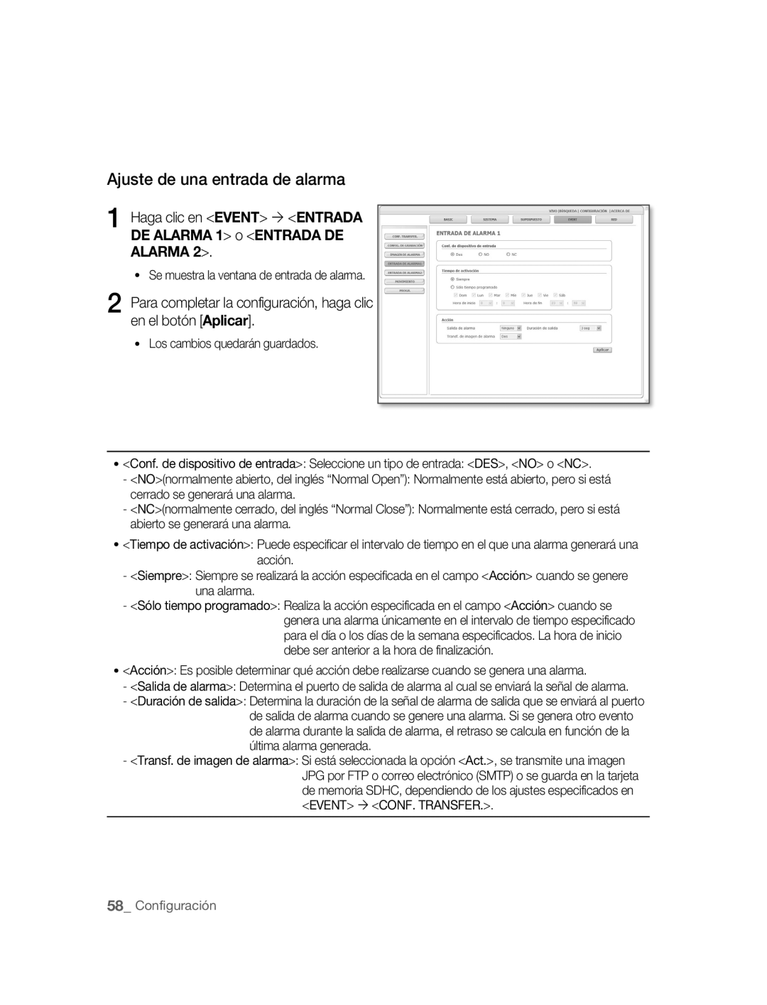 Samsung SNC-M300P manual Ajuste de una entrada de alarma, Se muestra la ventana de entrada de alarma 