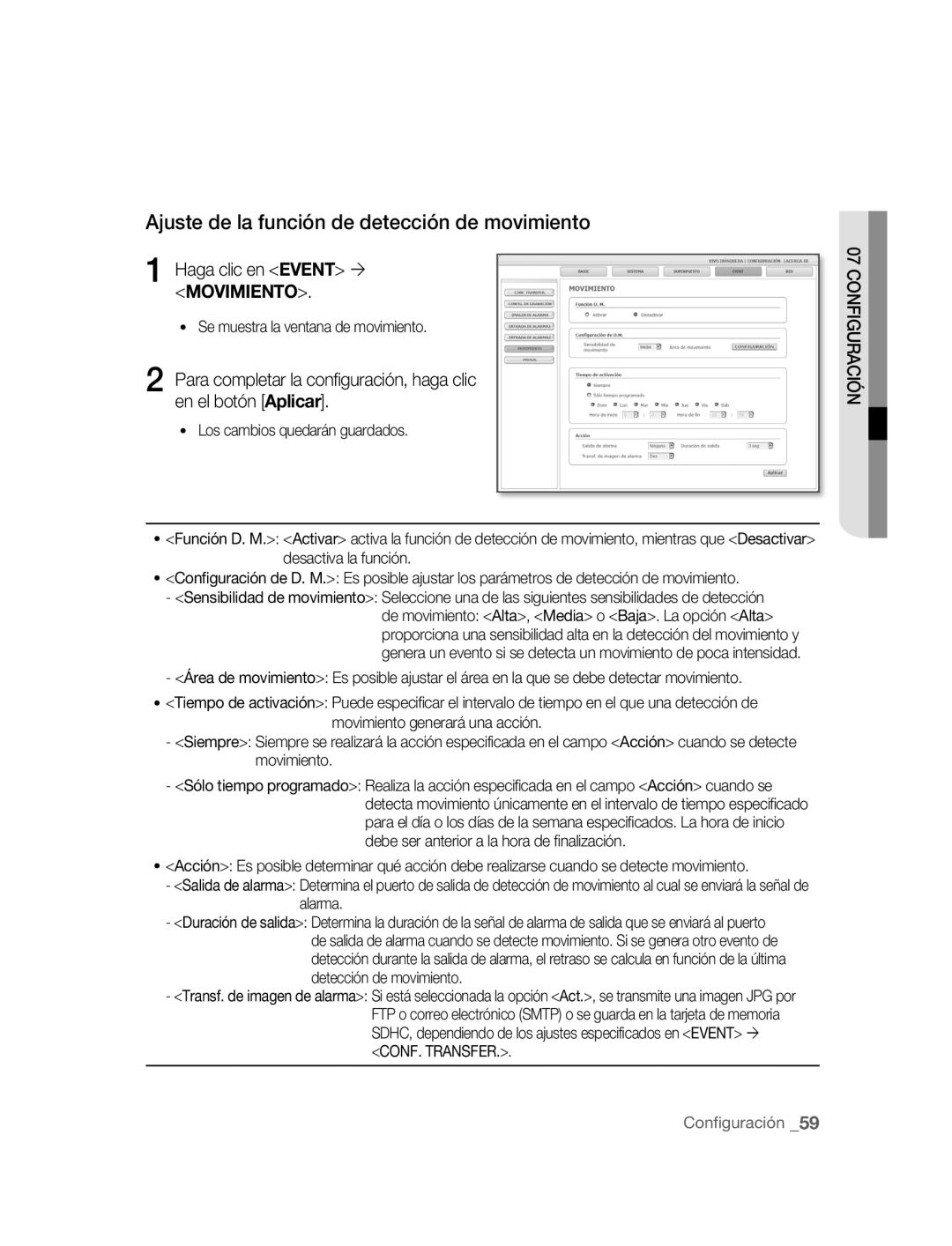 Samsung SNC-M300P manual Ajuste de la función de detección de movimiento, Haga clic en Event ´ Movimiento 