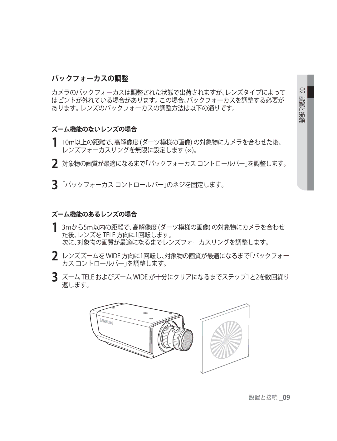 Samsung SNC-M300P manual バックフォーカスの調整, ズーム機能のないレンズの場合 