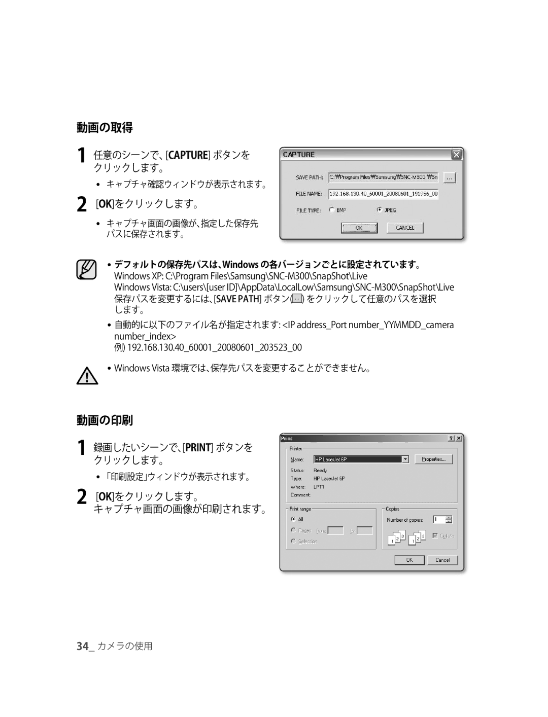 Samsung SNC-M300P manual 動画の取得, 動画の印刷, 192.168.130.40600012008060120352300 