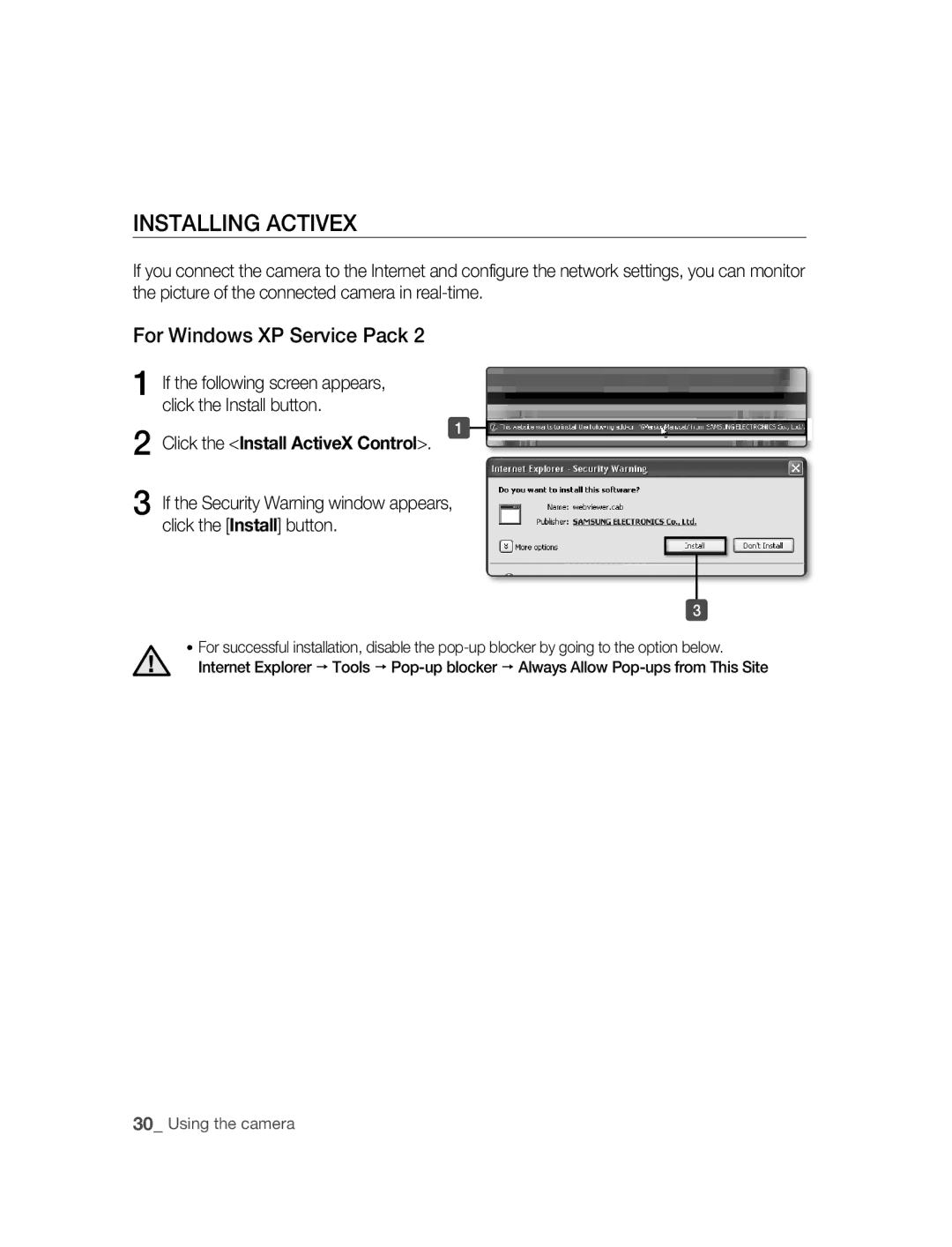 Samsung SNC-M300P manual INSTAllING Activex, For Windows XP Service Pack, Click the Install ActiveX Control 