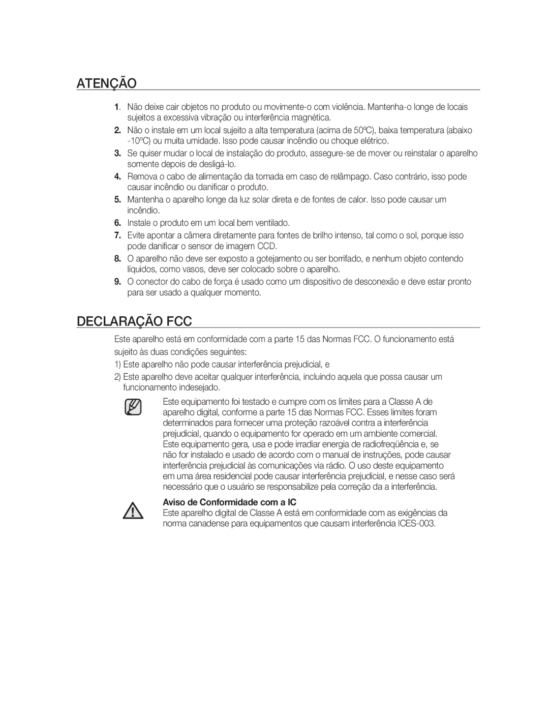 Samsung SNC-M300P manual Atenção, Declaração FCC 