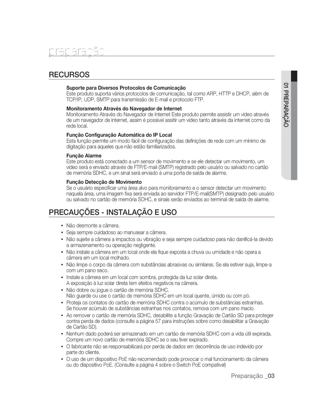 Samsung SNC-M300P manual Preparação, Recursos, Precauções Instalação e Uso 