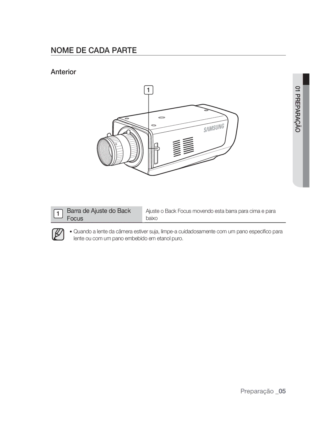 Samsung SNC-M300P manual Nome DE Cada Parte, Anterior, Barra de Ajuste do Back Focus 