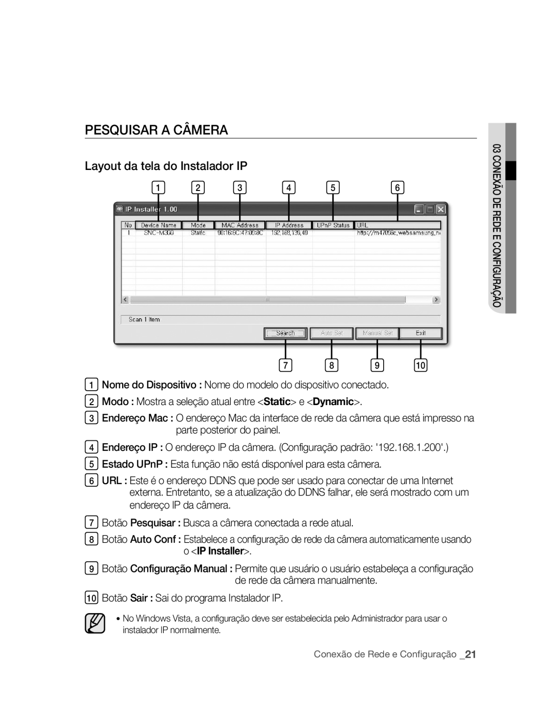 Samsung SNC-M300P manual PESQuISAR a CâmERA, Layout da tela do Instalador IP 