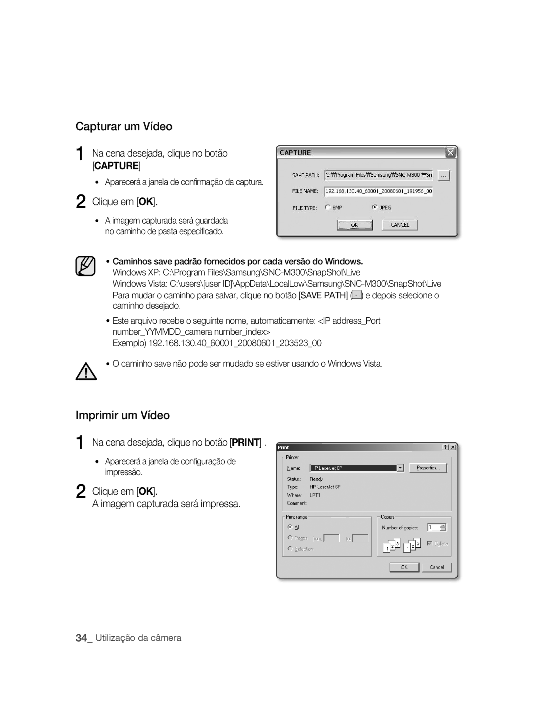 Samsung SNC-M300P manual Capturar um Vídeo, Imprimir um Vídeo 