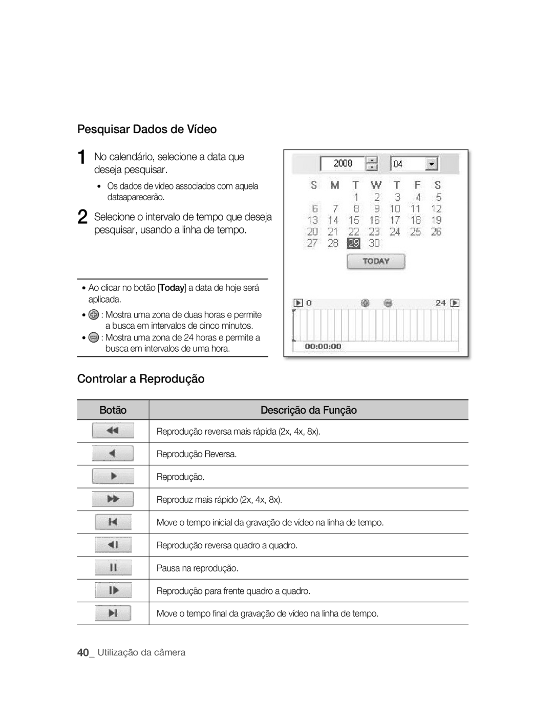 Samsung SNC-M300P Pesquisar Dados de Vídeo, Controlar a Reprodução, No calendário, selecione a data que deseja pesquisar 