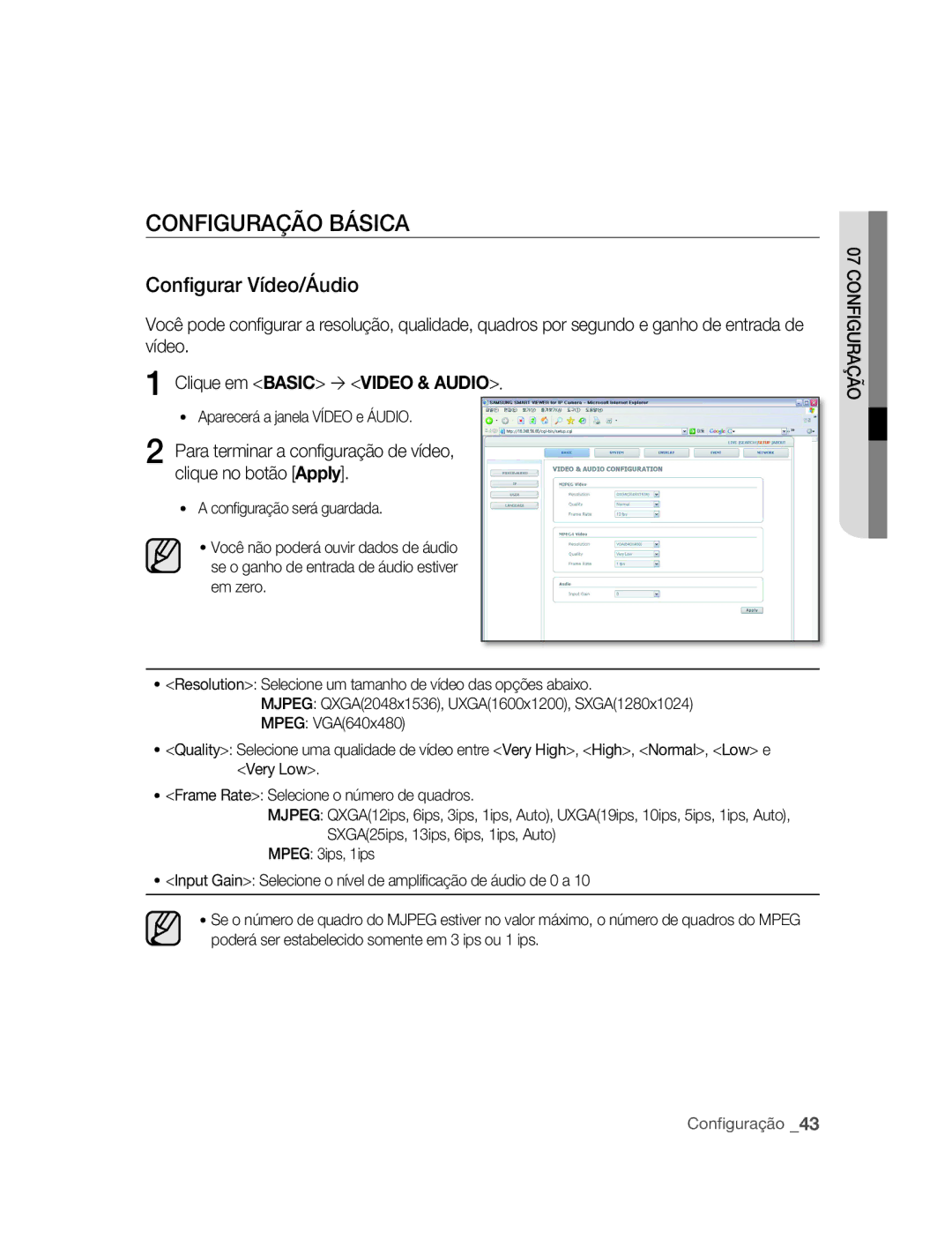 Samsung SNC-M300P manual CONFIGuRAÇÃO Básica, Configurar Vídeo/Áudio, Clique em Basic  Video & Audio 