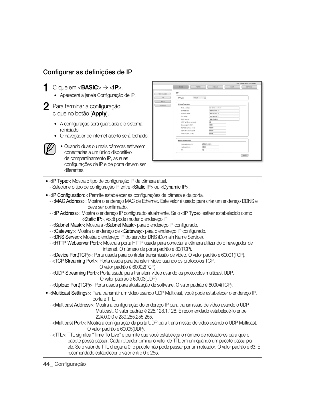 Samsung SNC-M300P manual Configurar as definições de IP, Clique em Basic  IP 