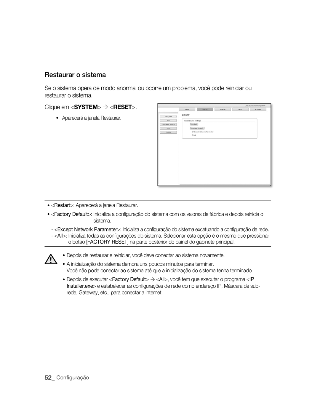 Samsung SNC-M300P manual Restaurar o sistema 